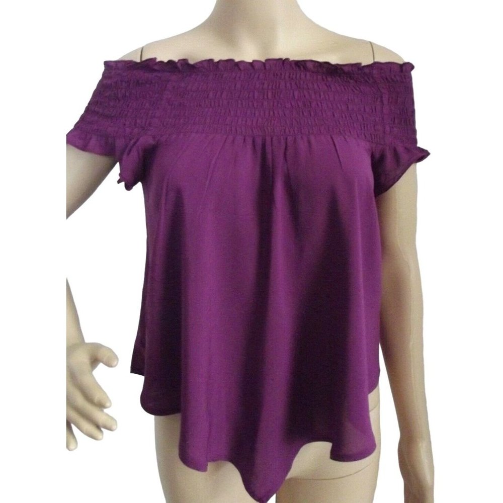 Express XS Purple Smocked Off The Shoulder Blouse asymmetrical hem top (0-2) - Picture 1 of 8